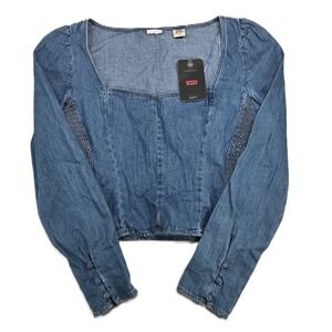 Levis Womens Blue Denim Square Neck Slim Fit Top Smocked Sides Size S NWT